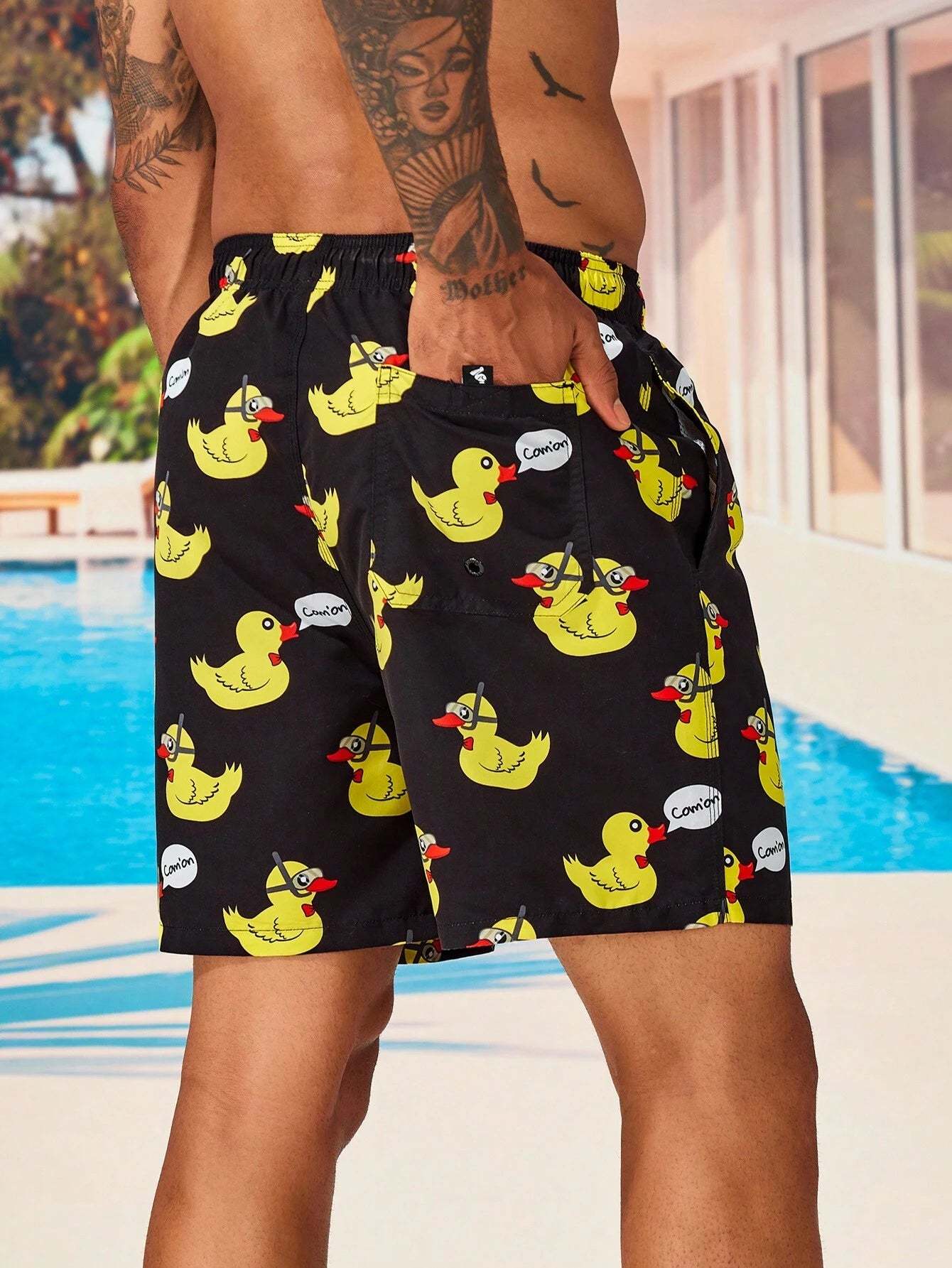 Duck And Letter Graphic Swim Trunks-Waves And Trunks