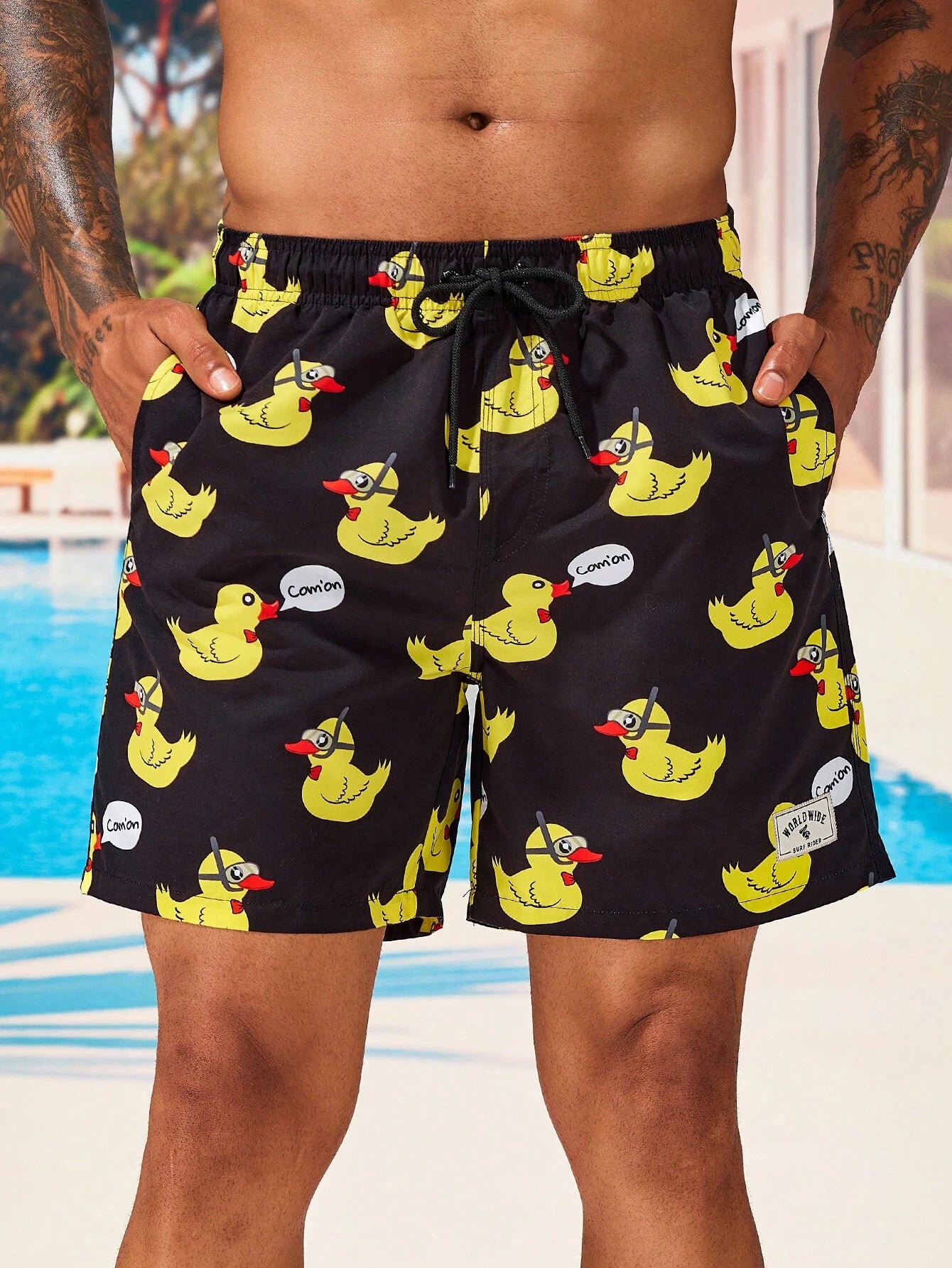 Duck And Letter Graphic Swim Trunks-Waves And Trunks