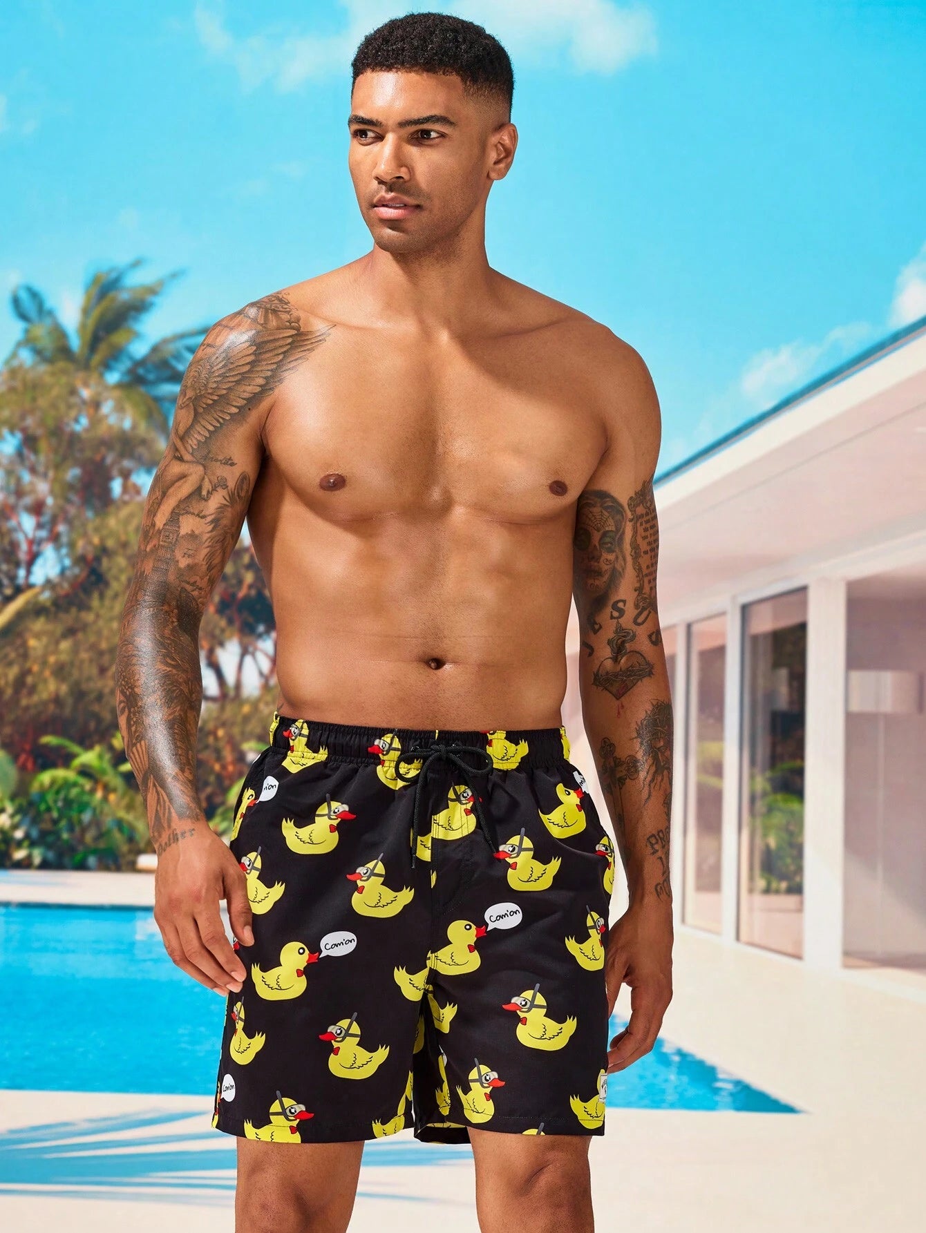 Duck And Letter Graphic Print Shorts-Waves And Trunks