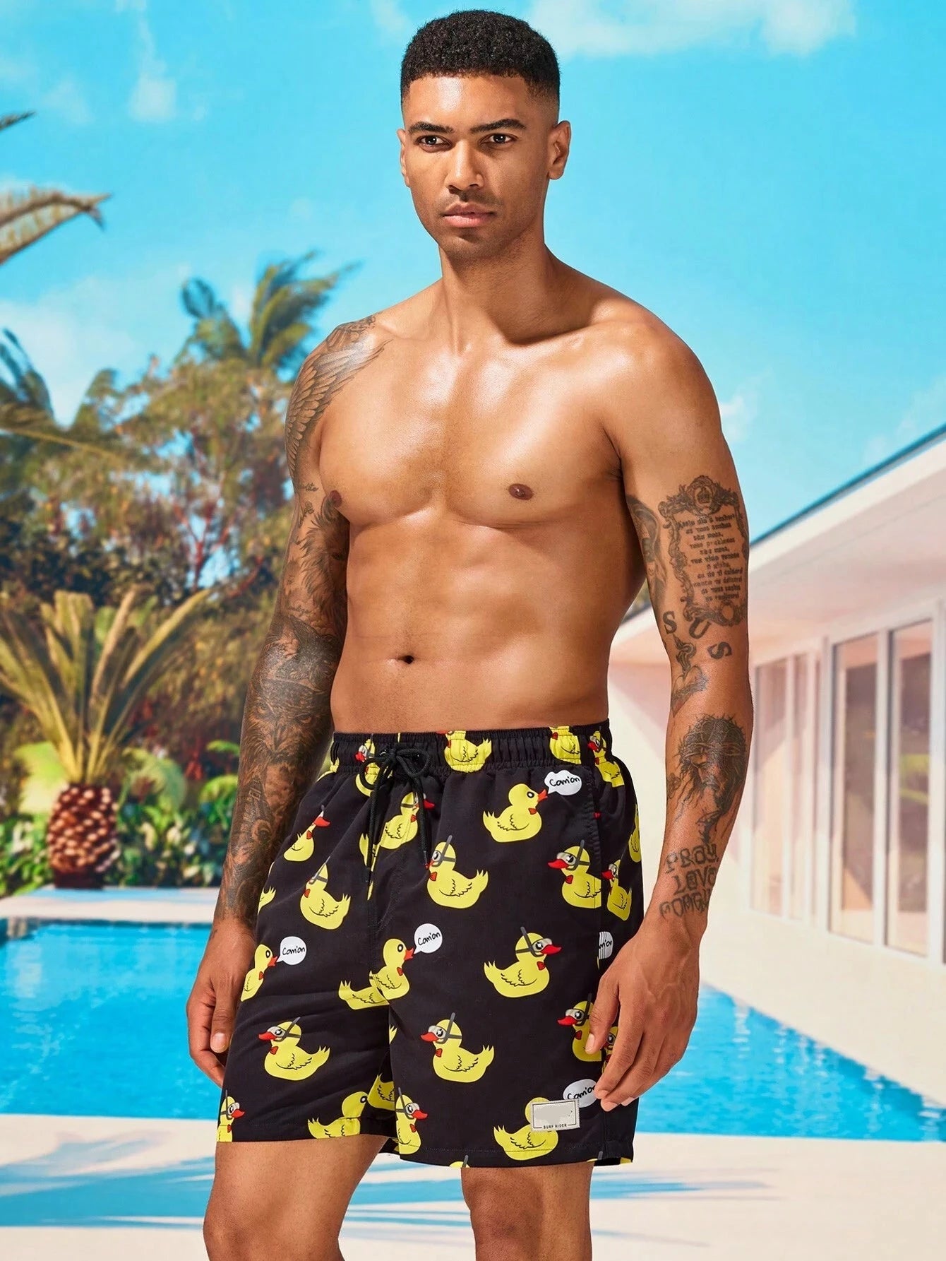 Duck And Letter Graphic Print Shorts-Waves And Trunks