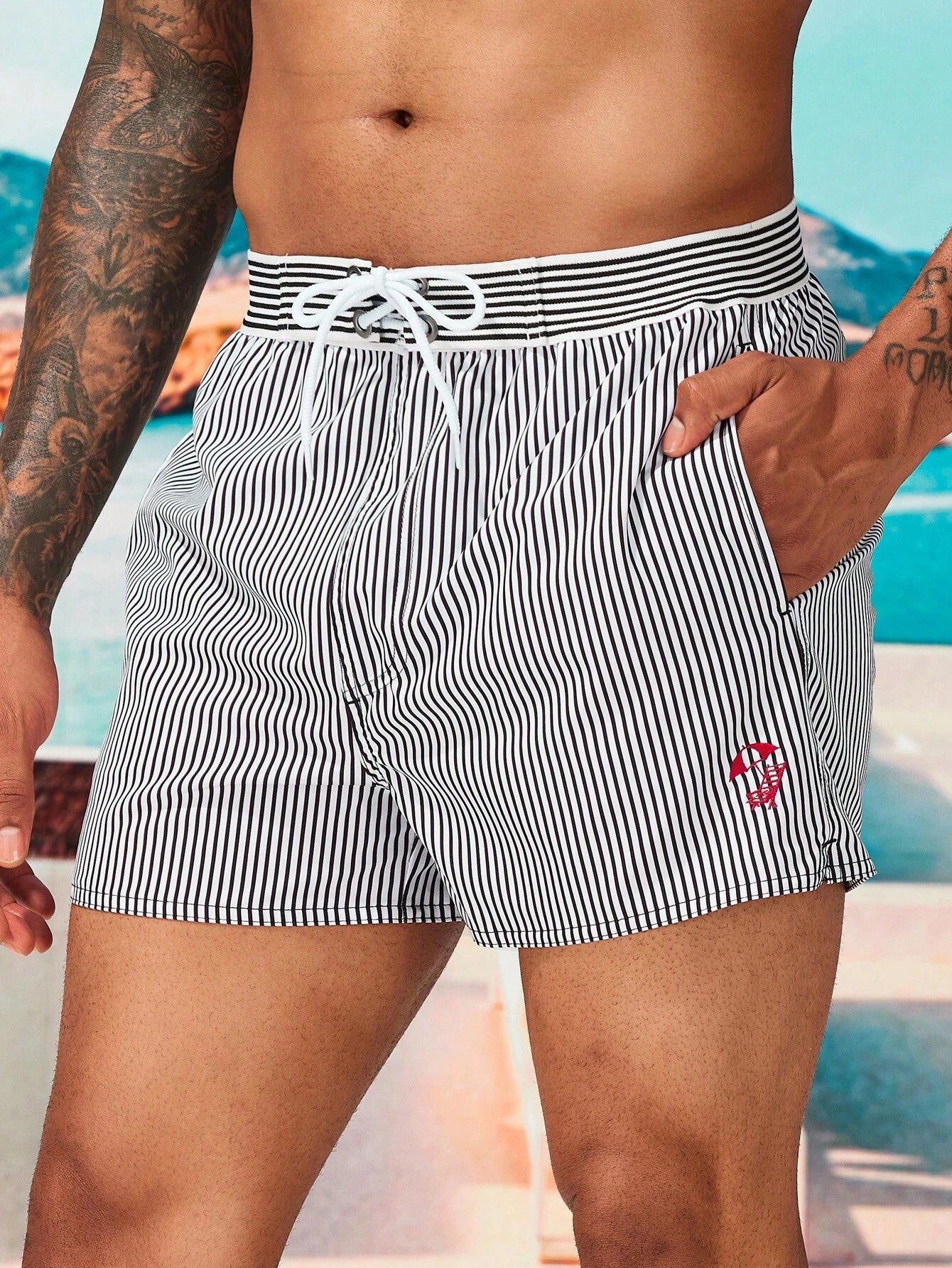 Striped Print Drawstring Waist Swim Shorts-Waves And Trunks