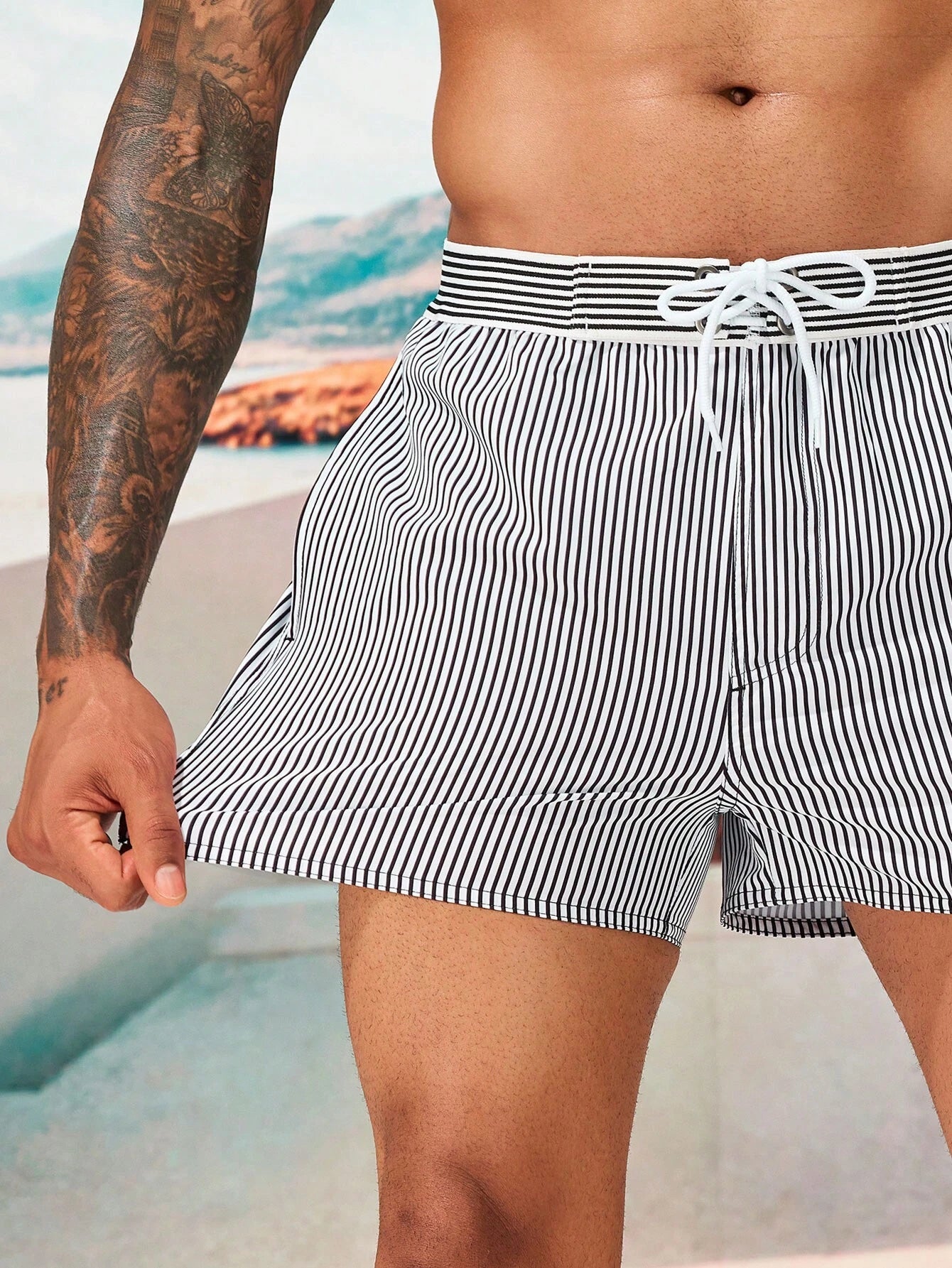 Striped Print Drawstring Waist Swim Shorts-Waves And Trunks