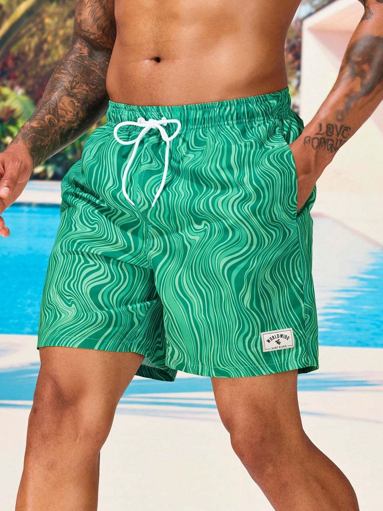 Striped Patched Waist Swim Trunks-Waves And Trunks