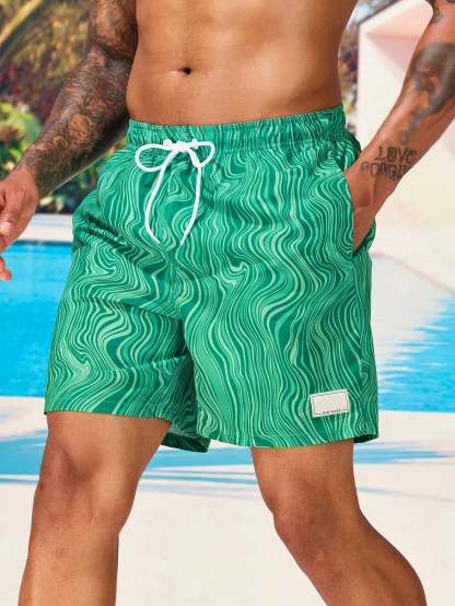 Wave Striped Patched Detail Swim Trunks-Waves And Trunks