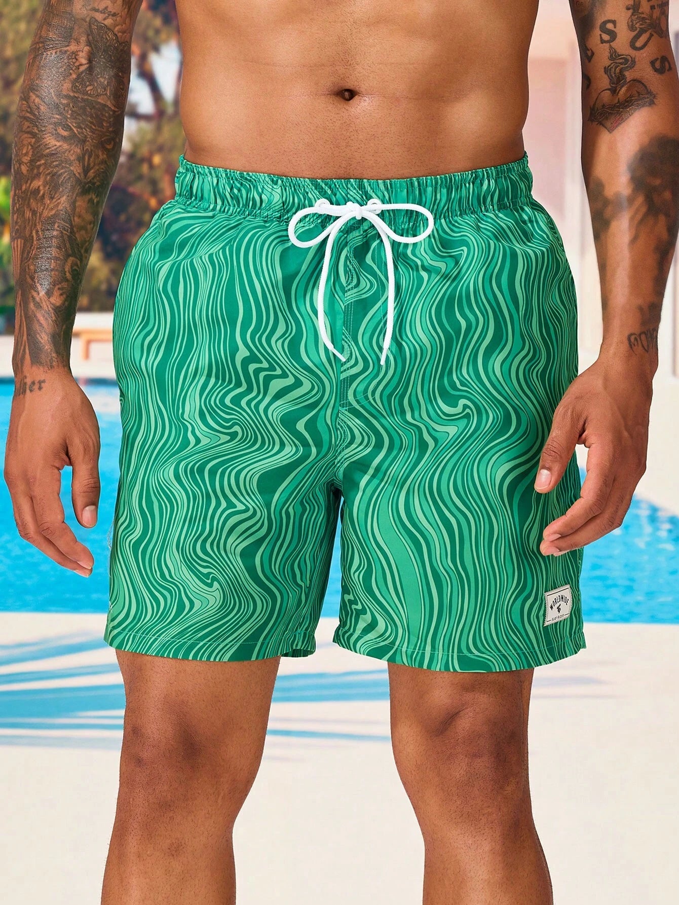 Striped Patched Waist Swim Trunks-Waves And Trunks