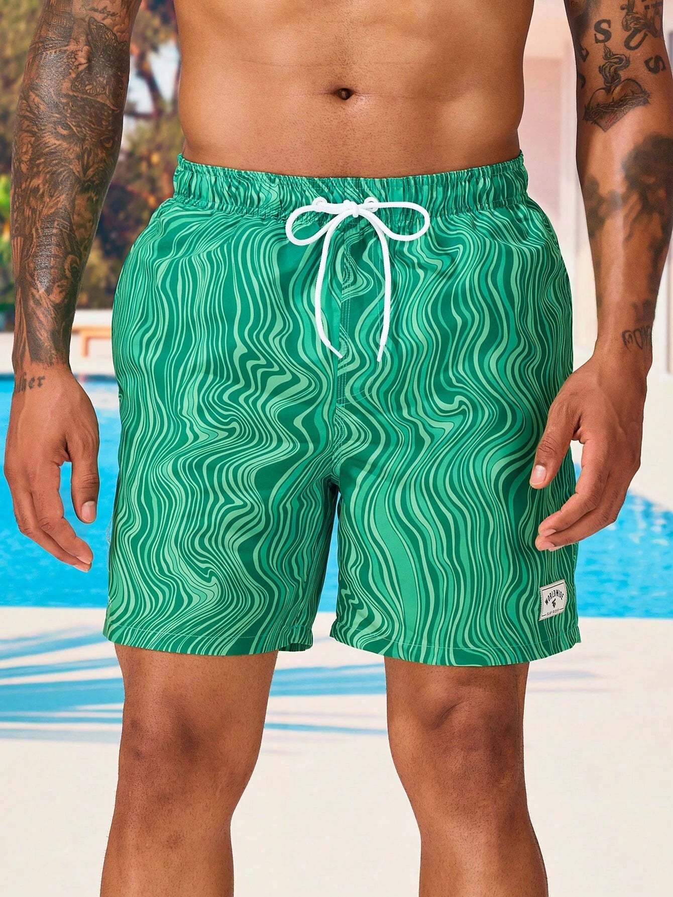 Striped Patched Waist Swim Trunks-Waves And Trunks