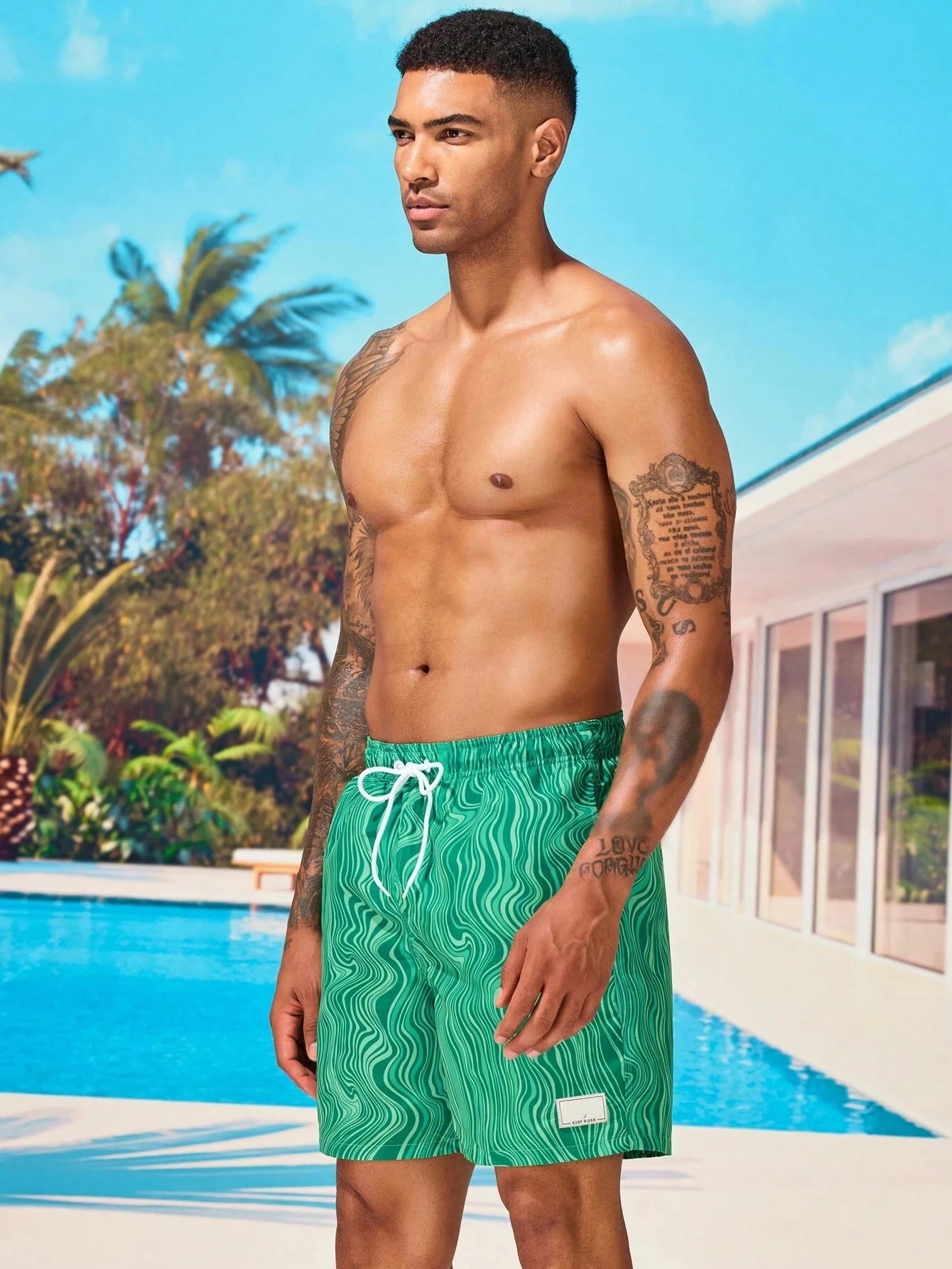Wave Striped Patched Detail Swim Trunks-Waves And Trunks