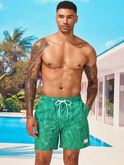 Wave Striped Patched Detail Swim Trunks-Waves And Trunks