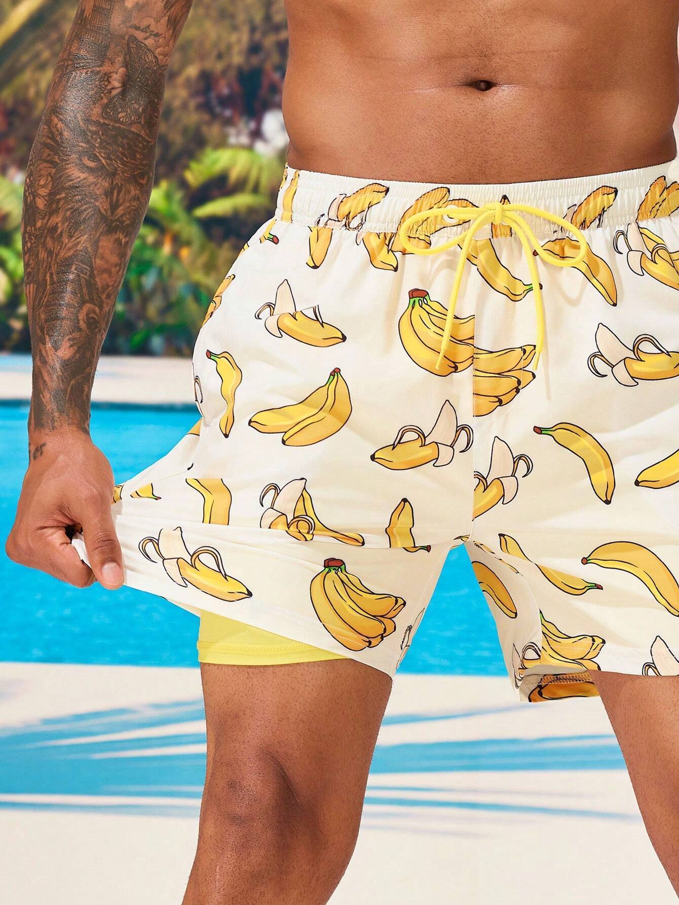 Drawstring Waist Banana Print Swim Trunks-Waves And Trunks