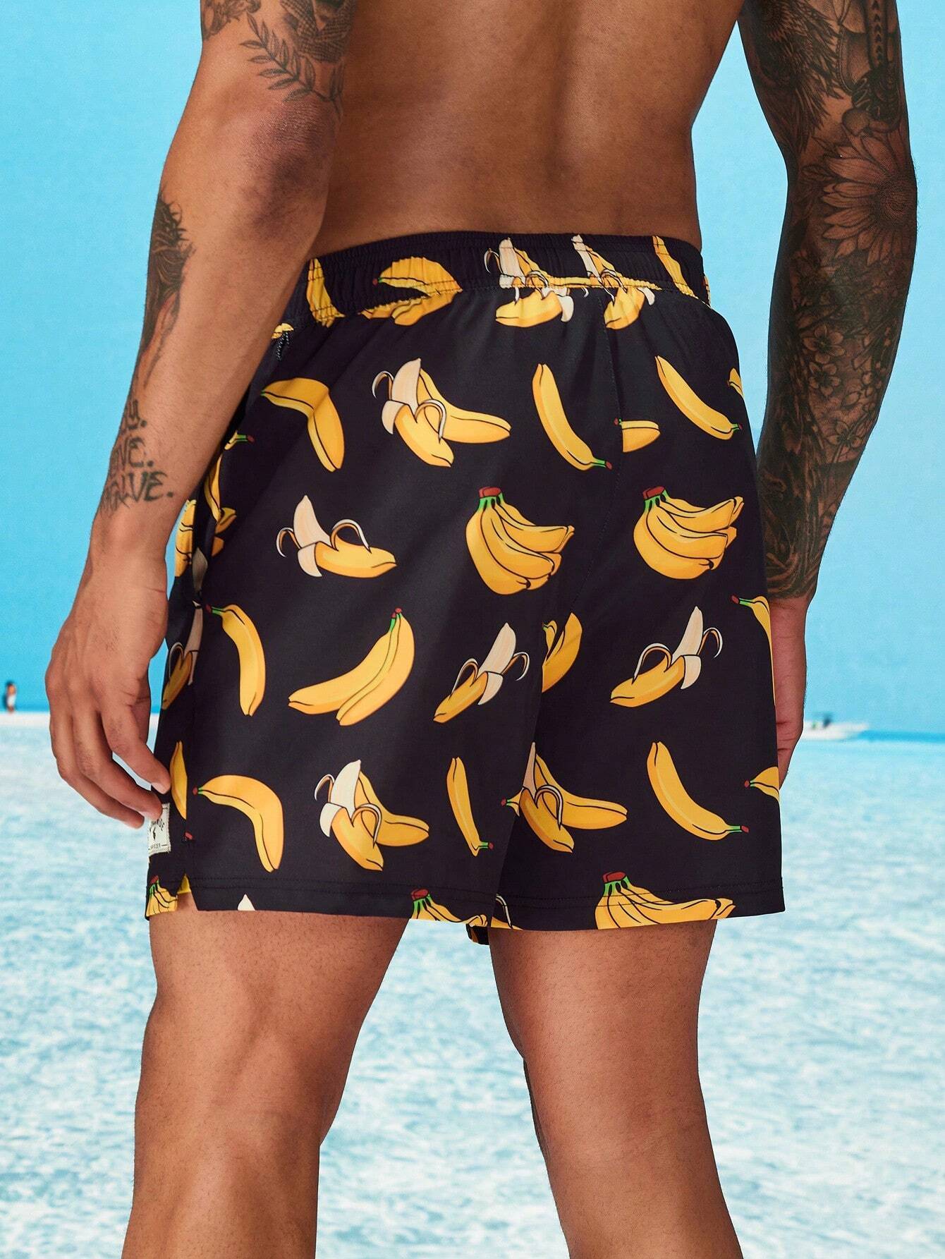 Drawstring Waist Banana Print Swim Trunks-Waves And Trunks