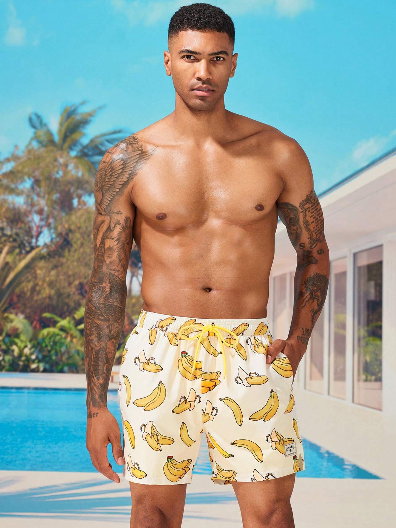 Drawstring Waist Banana Print Swim Trunks-Waves And Trunks