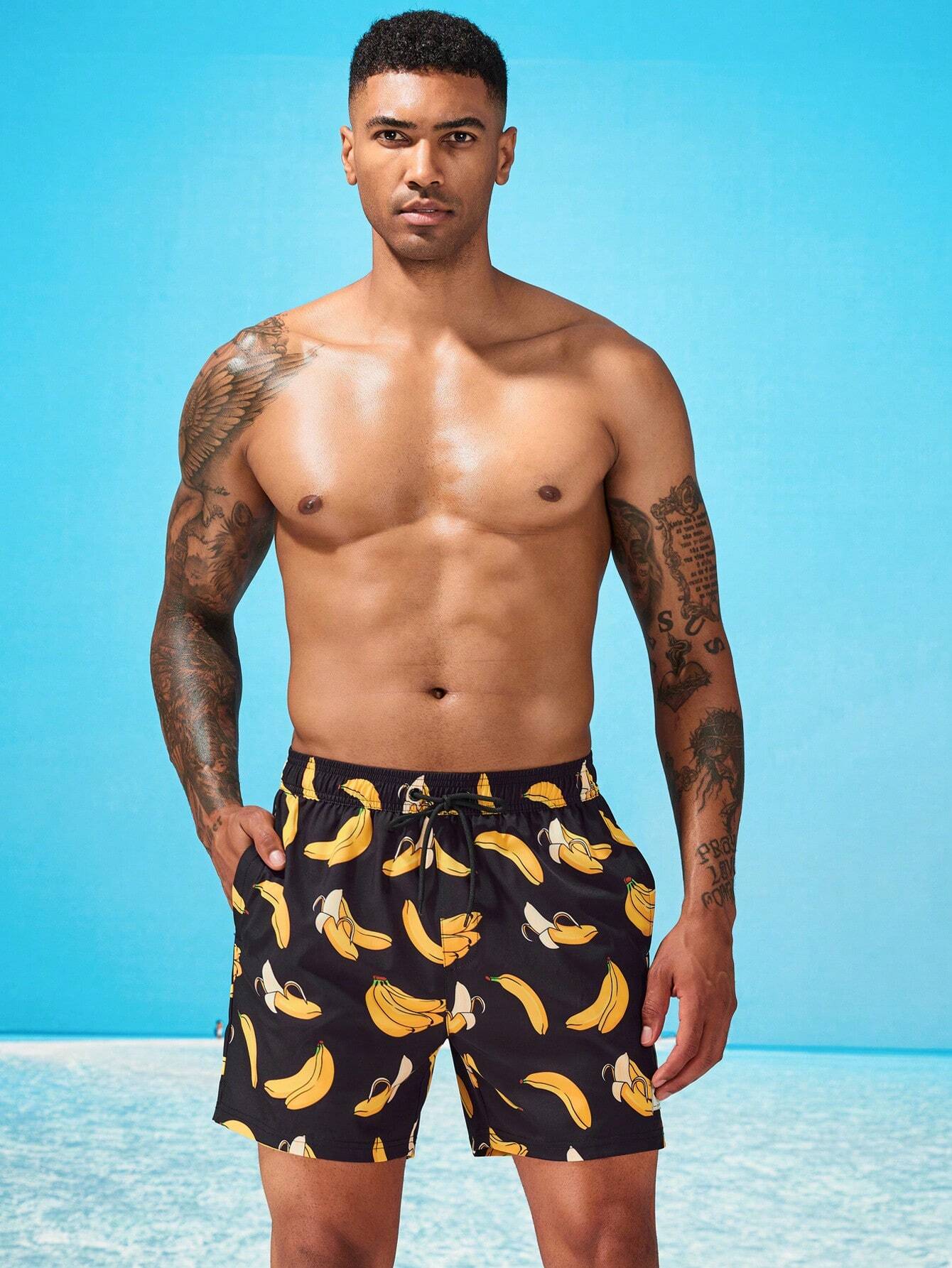 Banana Print Drawstring Waist Swim Trunk-Waves And Trunks