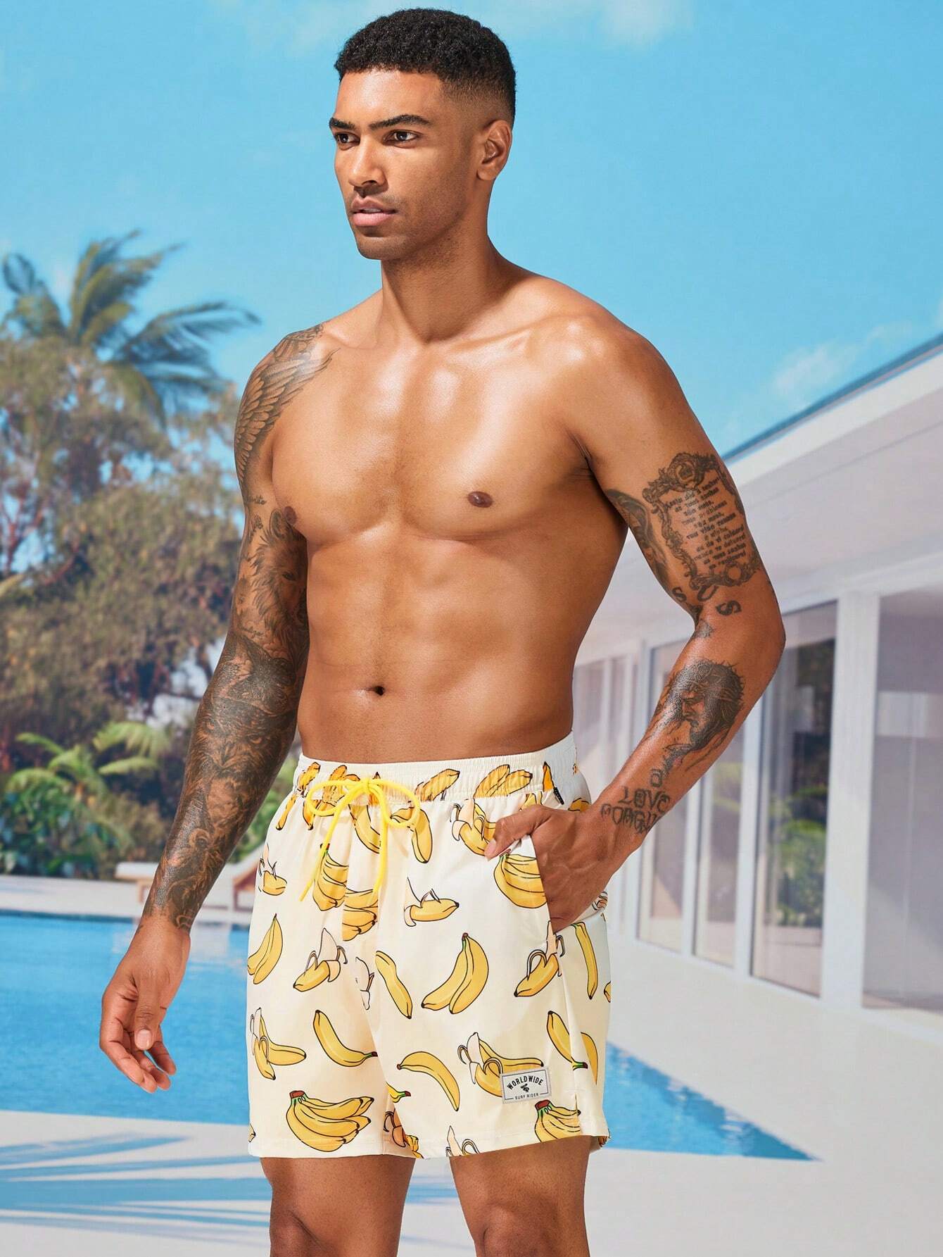 Drawstring Waist Banana Print Swim Trunks-Waves And Trunks