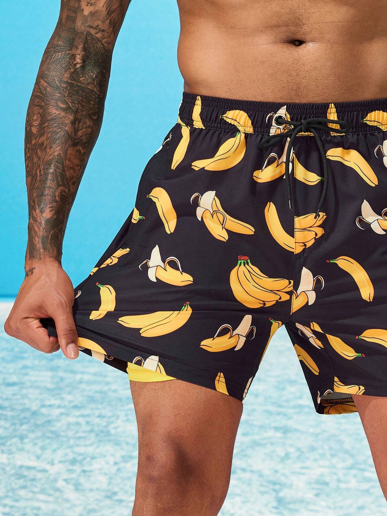 Drawstring Waist Banana Print Swim Trunks-Waves And Trunks