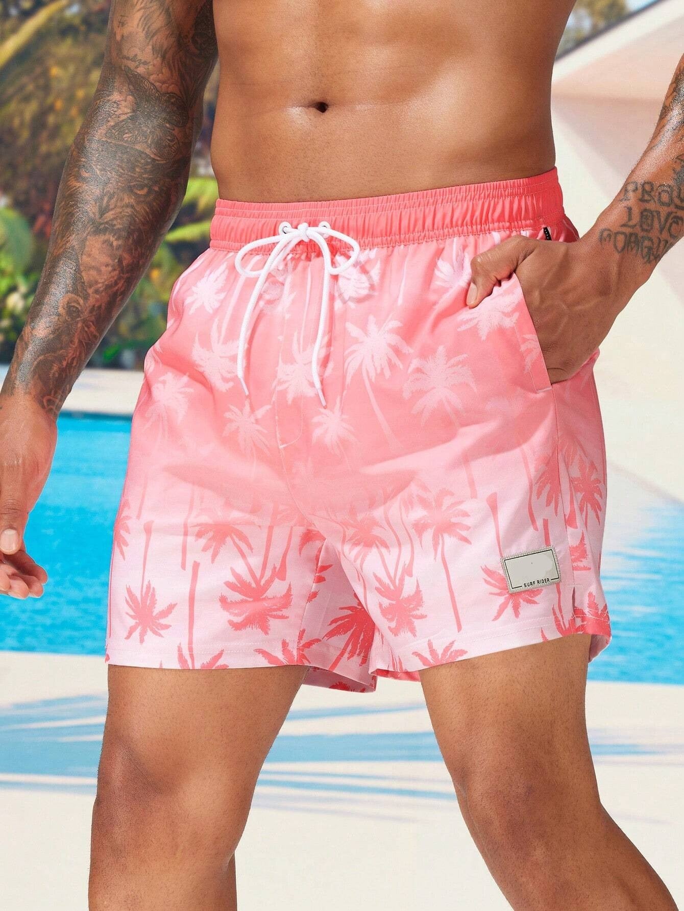 Coconut Tree Print Swim Trunks With Pocket-Waves And Trunks