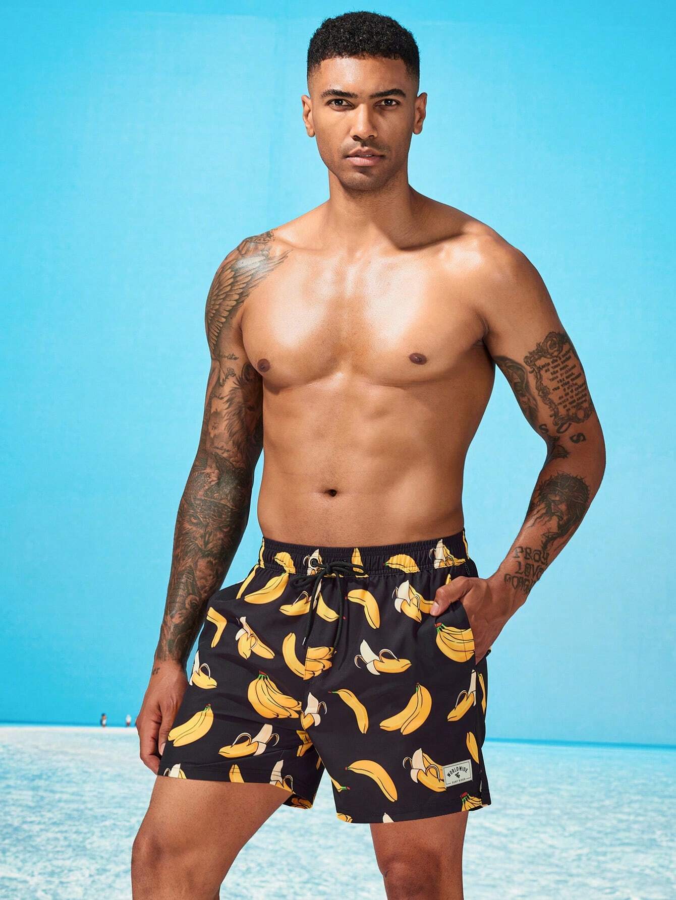 Drawstring Waist Banana Print Swim Trunks-Waves And Trunks