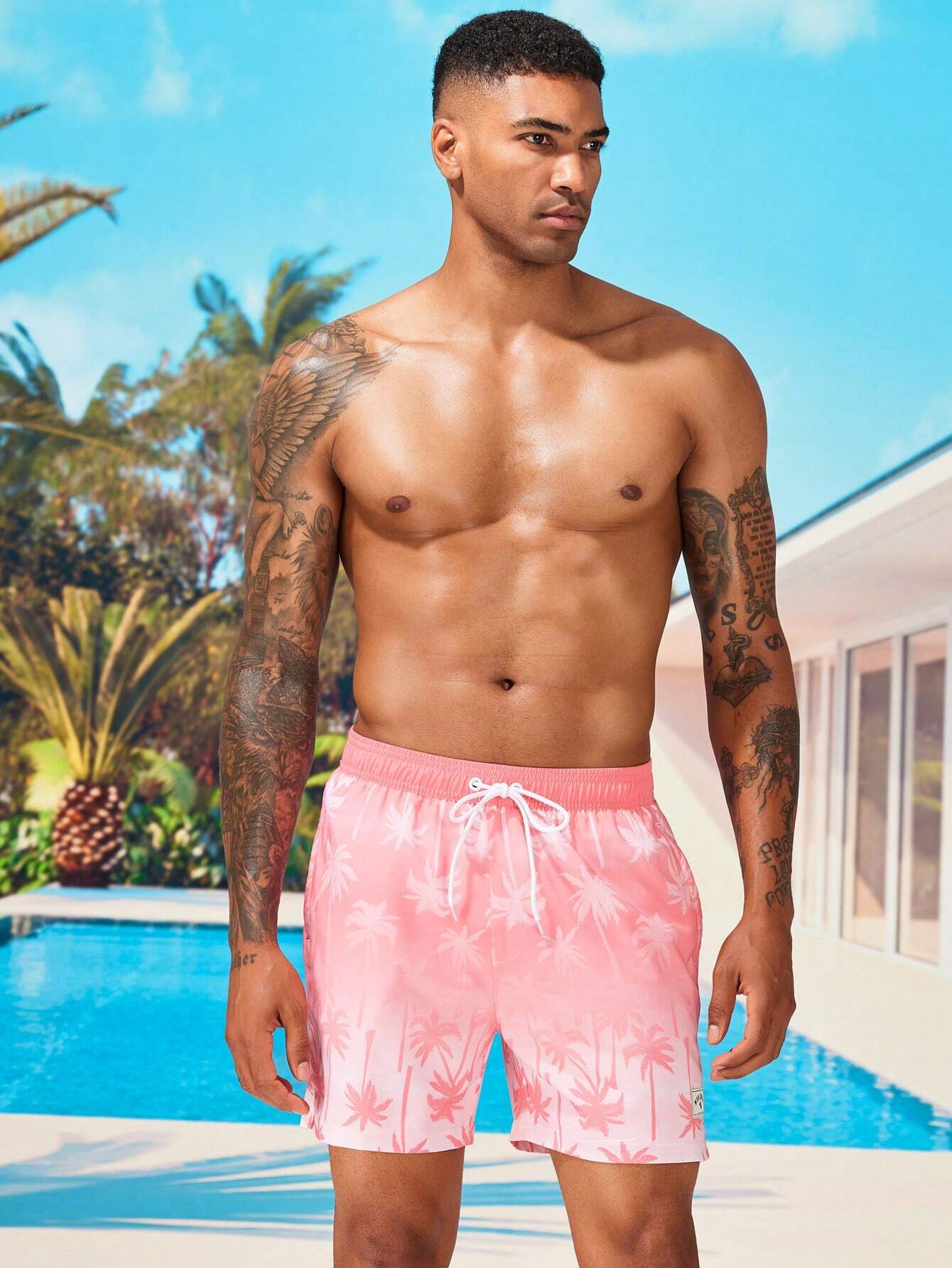 Tropical Print 2 In 1 Drawstring Waist Pocket Swim Trunks-Waves And Trunks