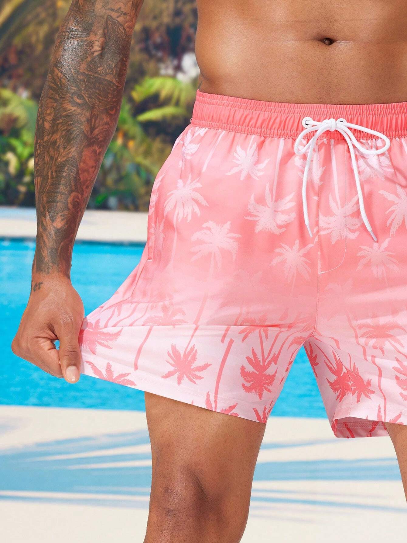 Coconut Tree Print Swim Trunks With Pocket-Waves And Trunks