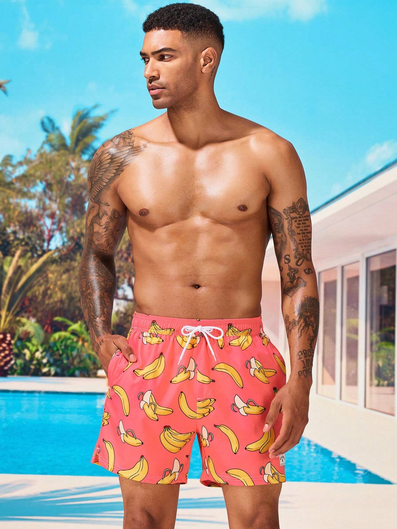 Banana Print Drawstring Waist Swim Trunk-Waves And Trunks
