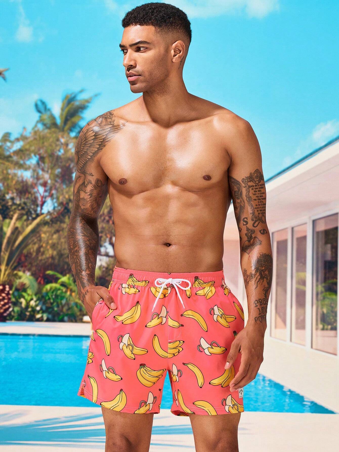 Drawstring Waist Banana Print Swim Trunks-Waves And Trunks
