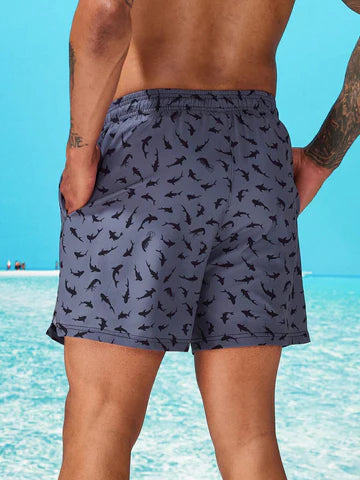 Allover Print Drawstring Waist Slight Stretch Swim Trunks-Waves And Trunks