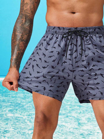 Allover Print Drawstring Waist Slight Stretch Swim Trunks-Waves And Trunks