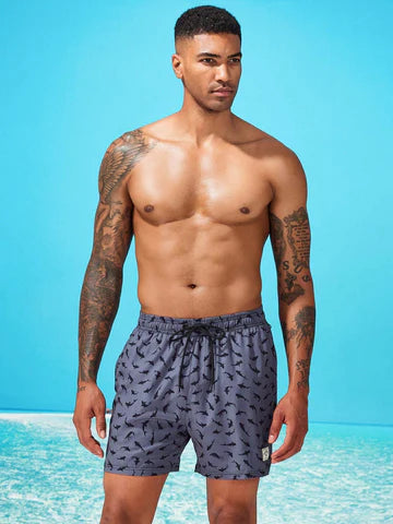 Allover Print Drawstring Waist Slight Stretch Swim Trunks-Waves And Trunks