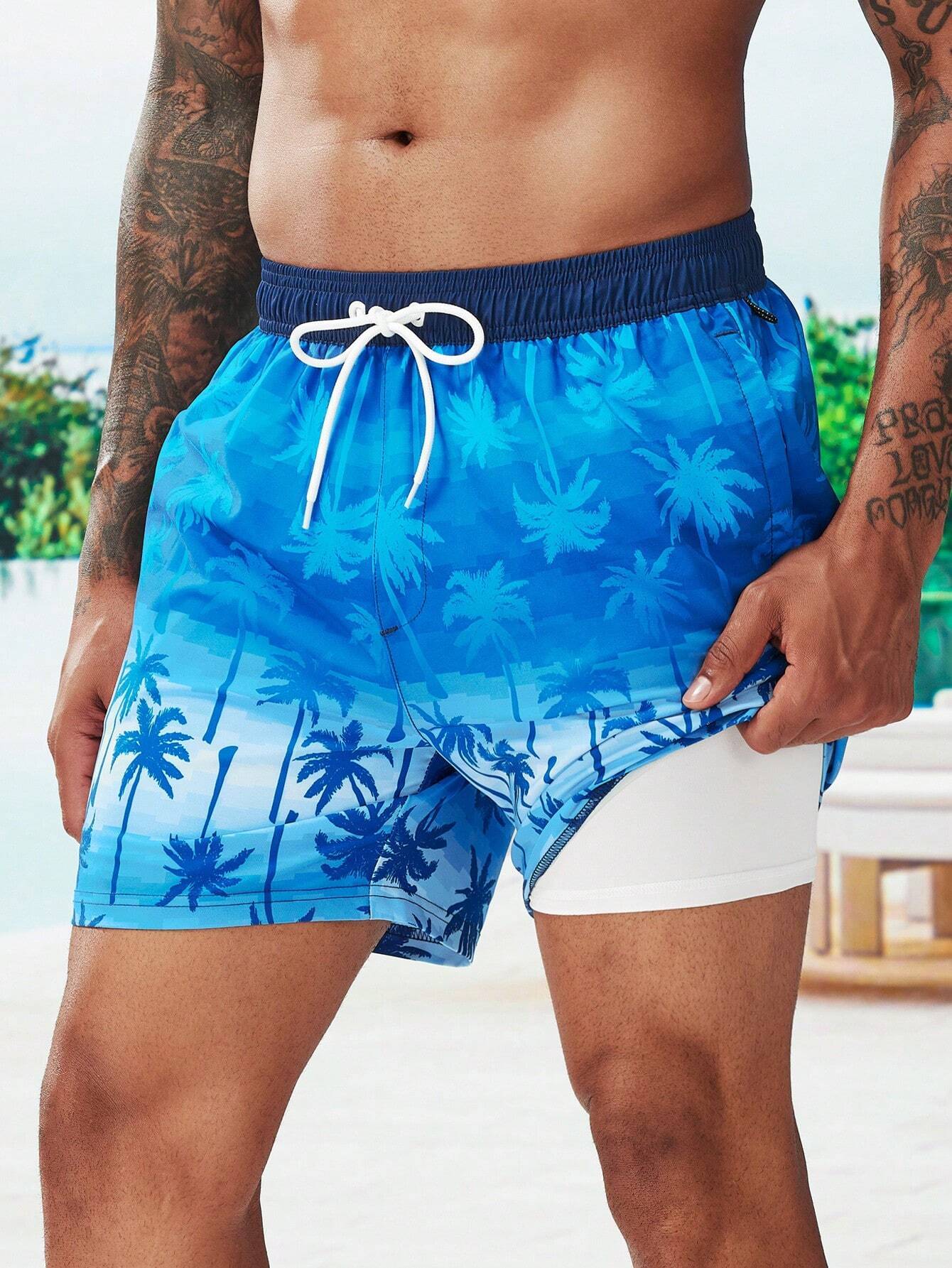 Coconut Tree Print Swim Trunks With Pocket-Waves And Trunks