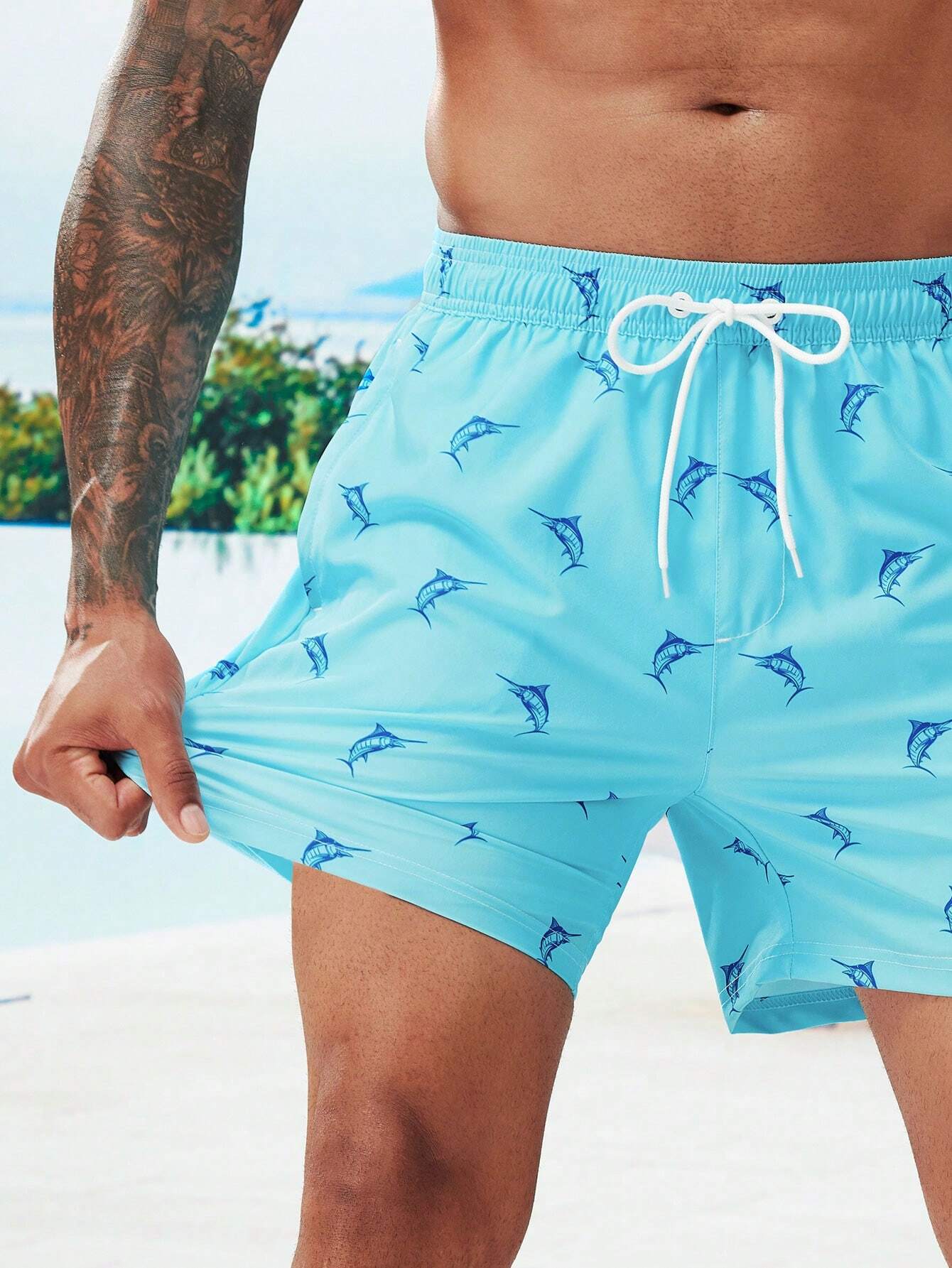 Print Drawstring Trunks With Compression Liner-Waves And Trunks