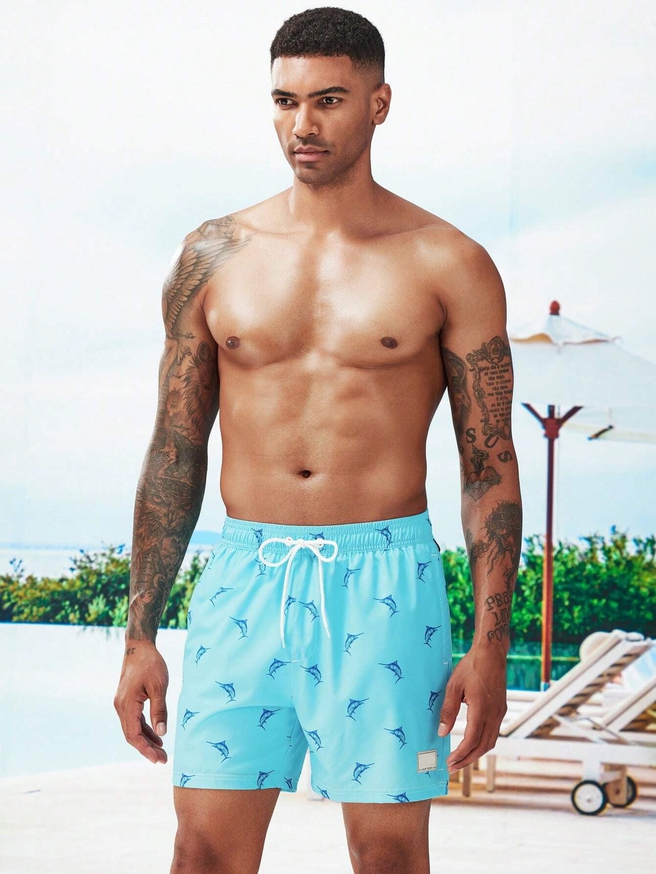 Print Drawstring Trunks With Compression Liner-Waves And Trunks