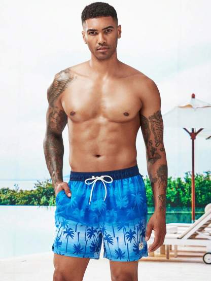 Coconut Tree Print Swim Trunks With Pocket-Waves And Trunks