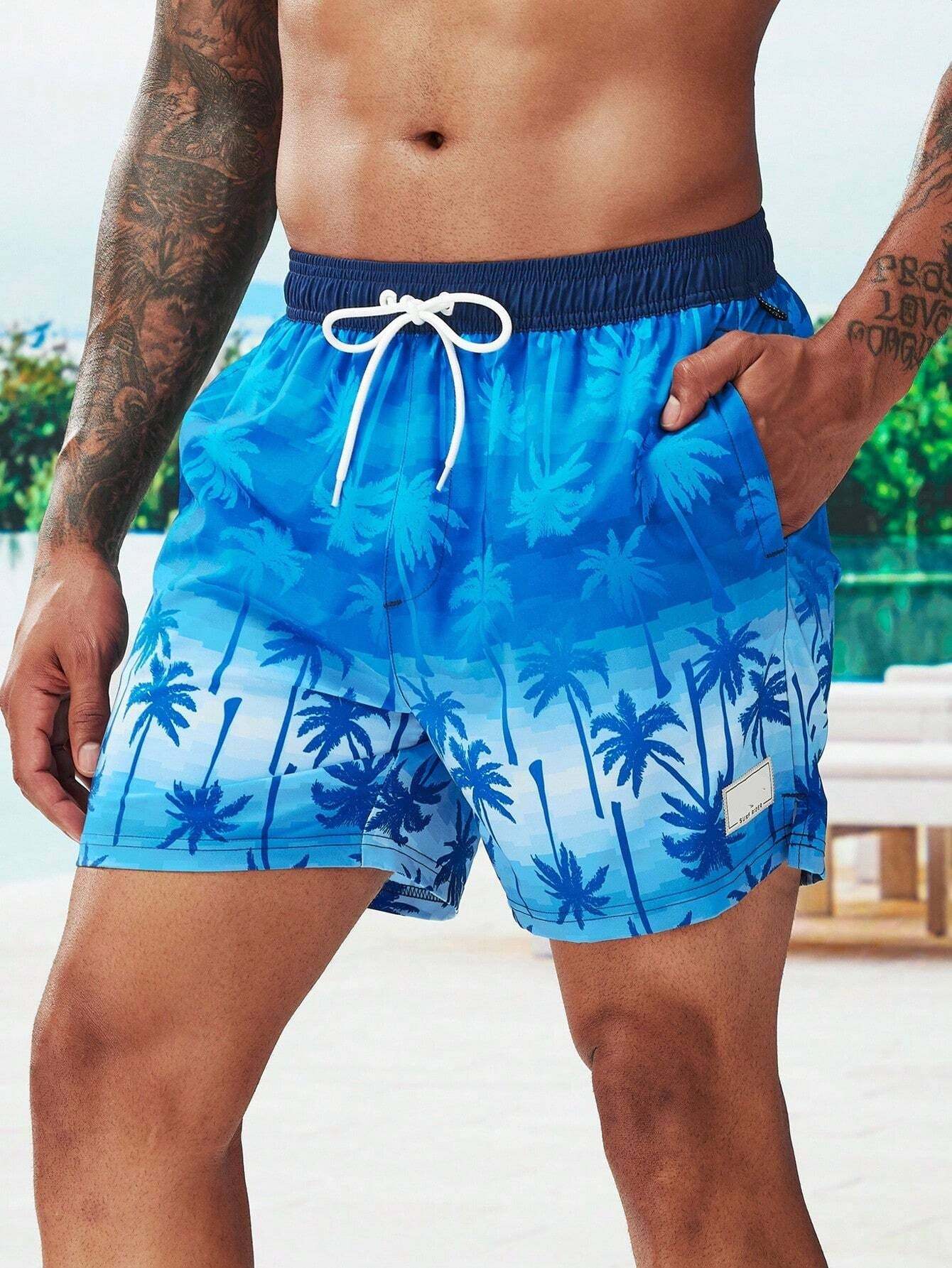 Coconut Tree Print Swim Trunks With Pocket-Waves And Trunks