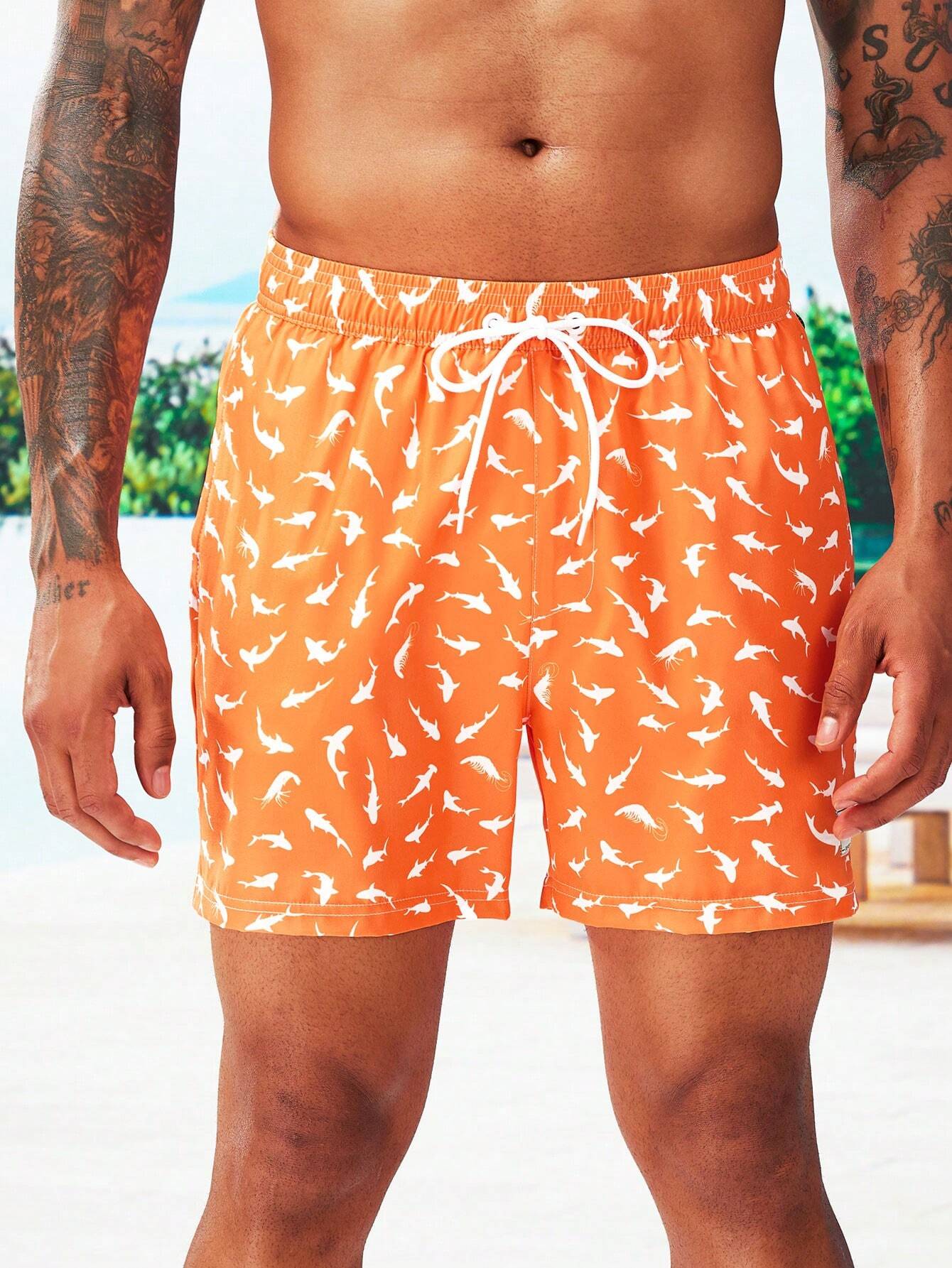 Allover Print Swim Trunks And Compression Liner-Waves And Trunks