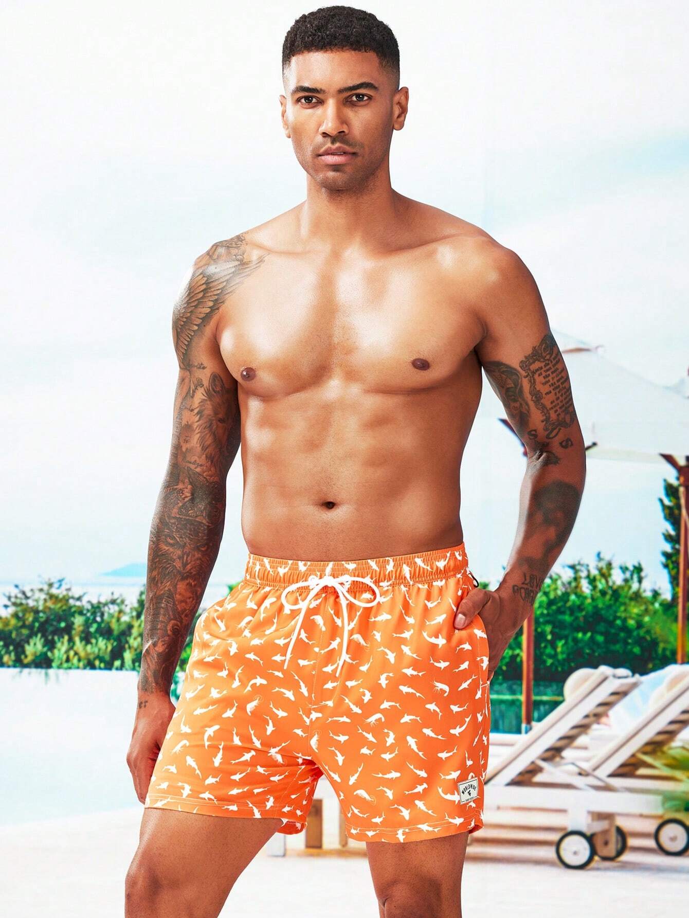 Allover Print Swim Trunks And Compression Liner-Waves And Trunks