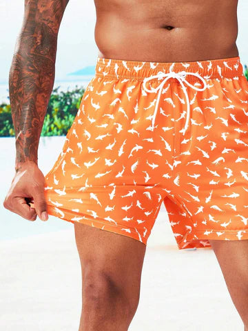 Allover Print Drawstring Waist Slight Stretch Swim Trunks-Waves And Trunks