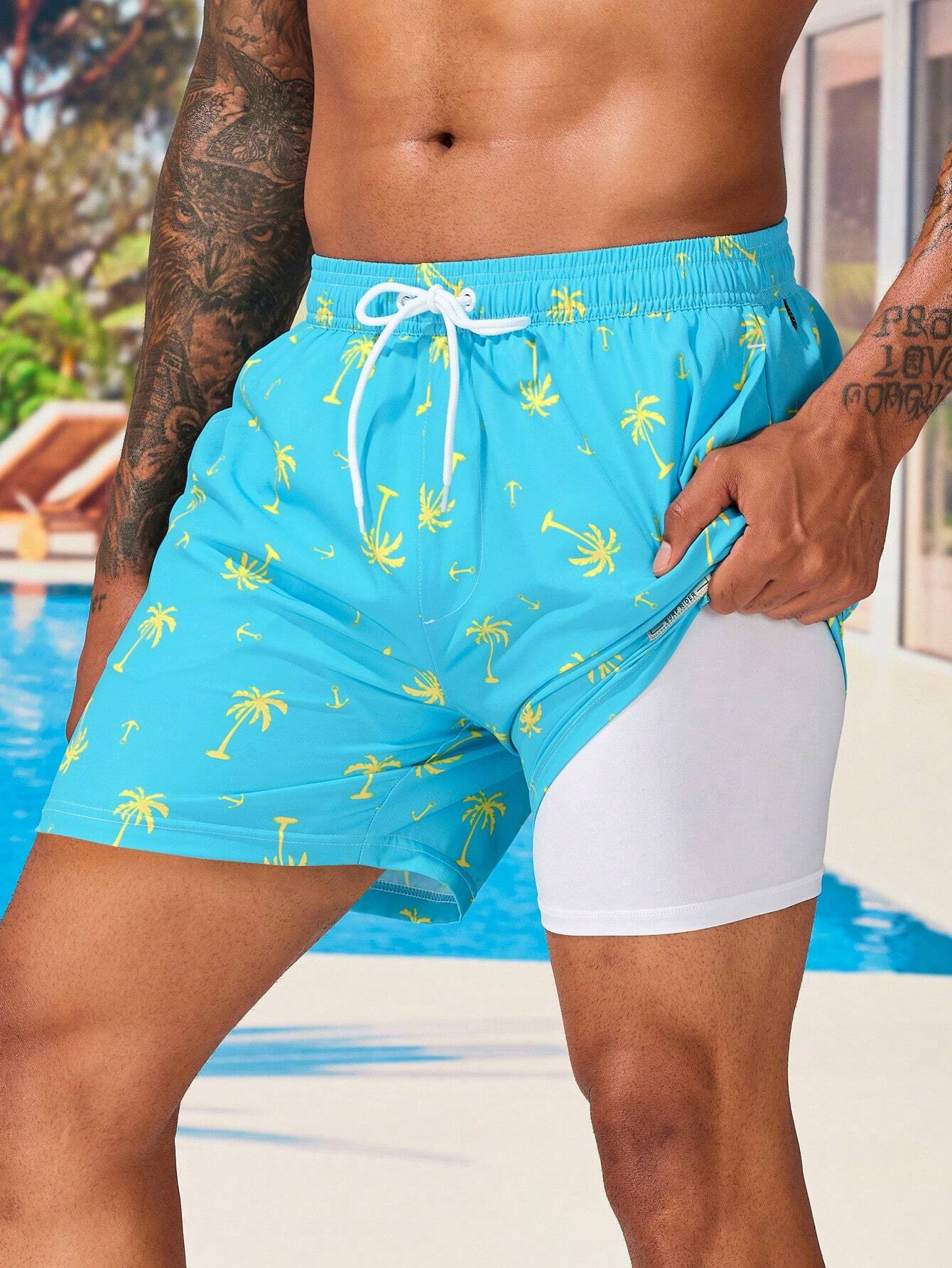 Coconut Tree Print 2 In 1 Shorts-Waves And Trunks