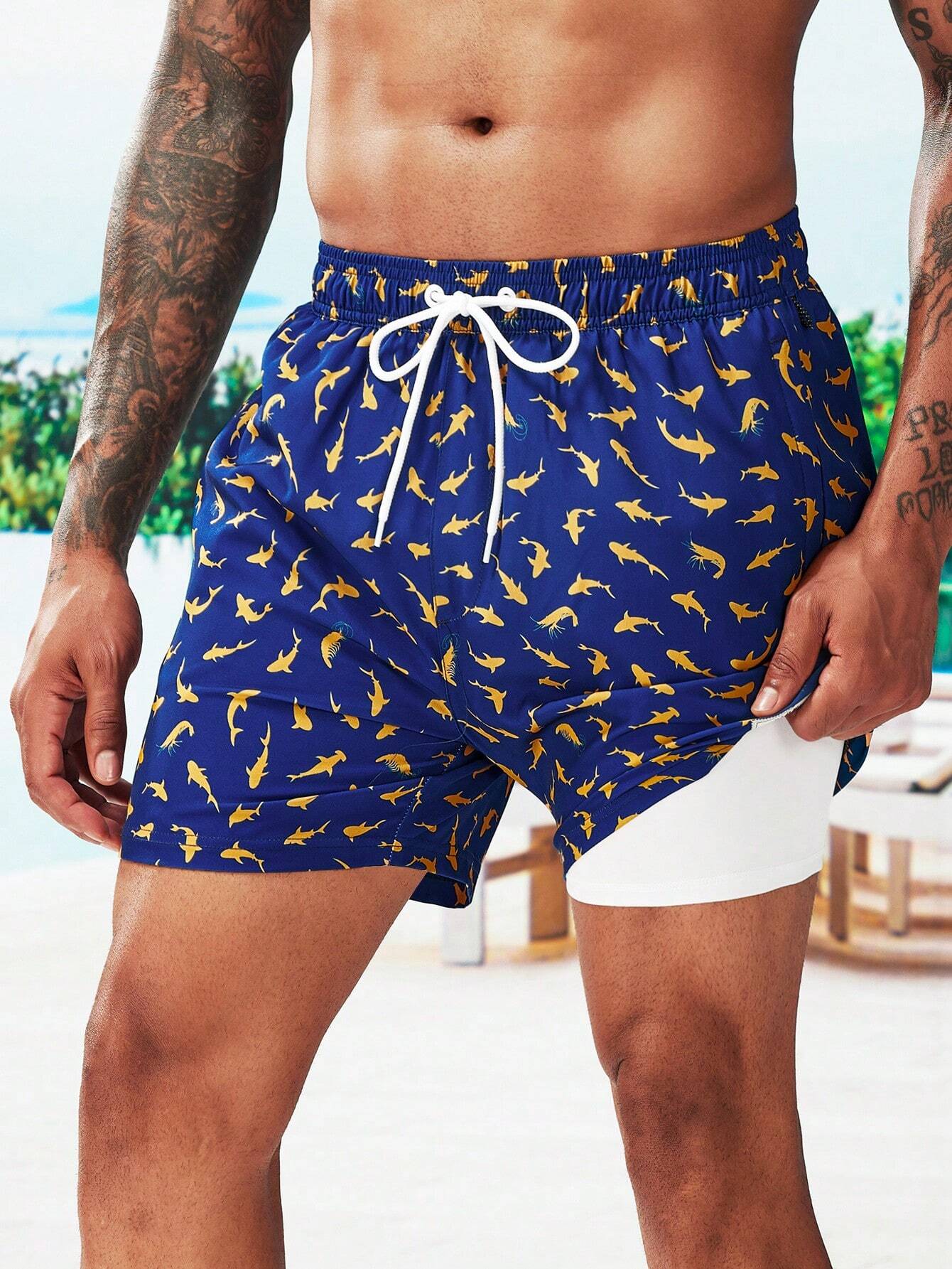 Allover Print Swim Trunks And Compression Liner-Waves And Trunks