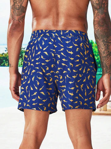 Allover Print Drawstring Waist Slight Stretch Swim Trunks-Waves And Trunks