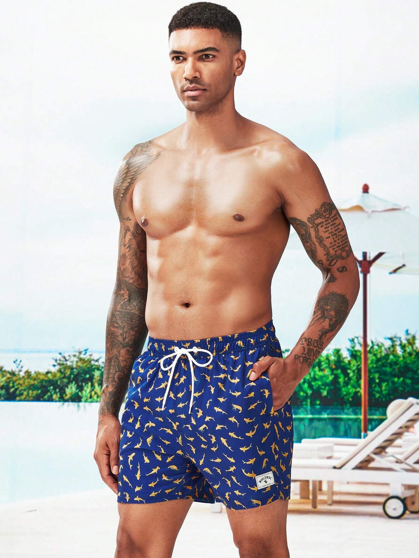 Allover Print Swim Trunks And Compression Liner-Waves And Trunks
