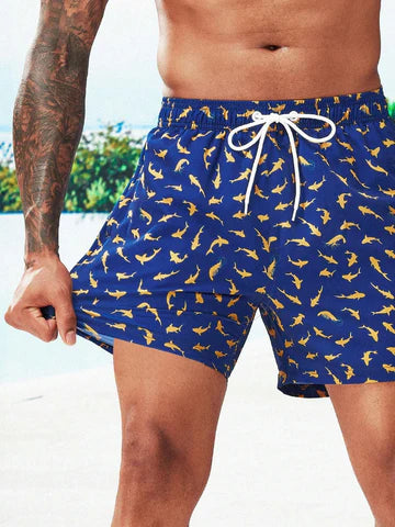 Allover Print Drawstring Waist Slight Stretch Swim Trunks-Waves And Trunks