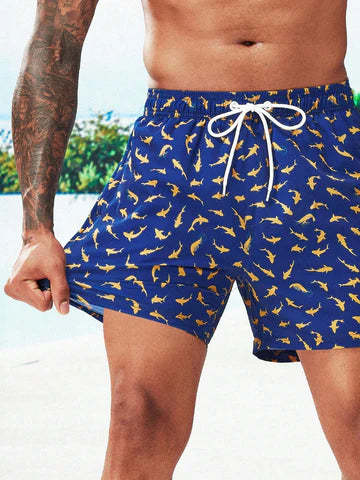 Allover Print Drawstring Waist Slight Stretch Swim Trunks-Waves And Trunks