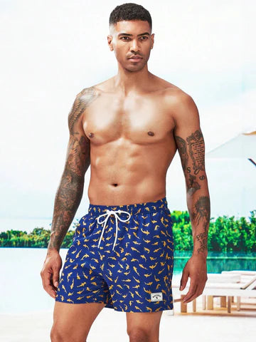Allover Print Drawstring Waist Slight Stretch Swim Trunks-Waves And Trunks