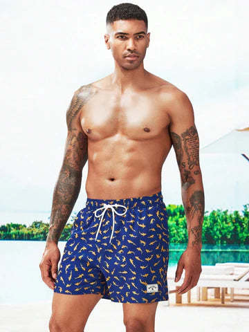 Allover Print Drawstring Waist Slight Stretch Swim Trunks-Waves And Trunks