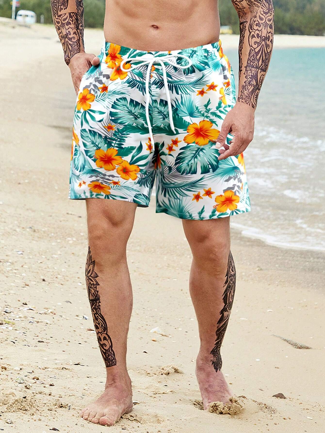 Tropical All Over Print Drawstring Pocket Shorts-Waves And Trunks