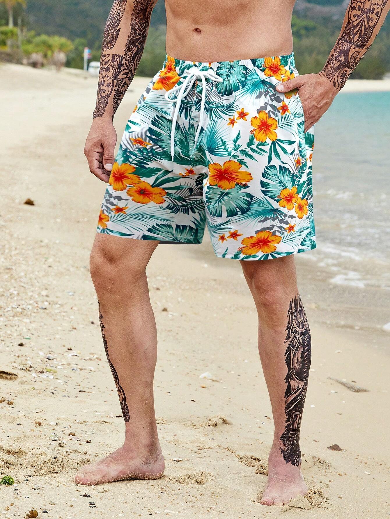 Tropical All Over Print Drawstring Pocket Shorts-Waves And Trunks