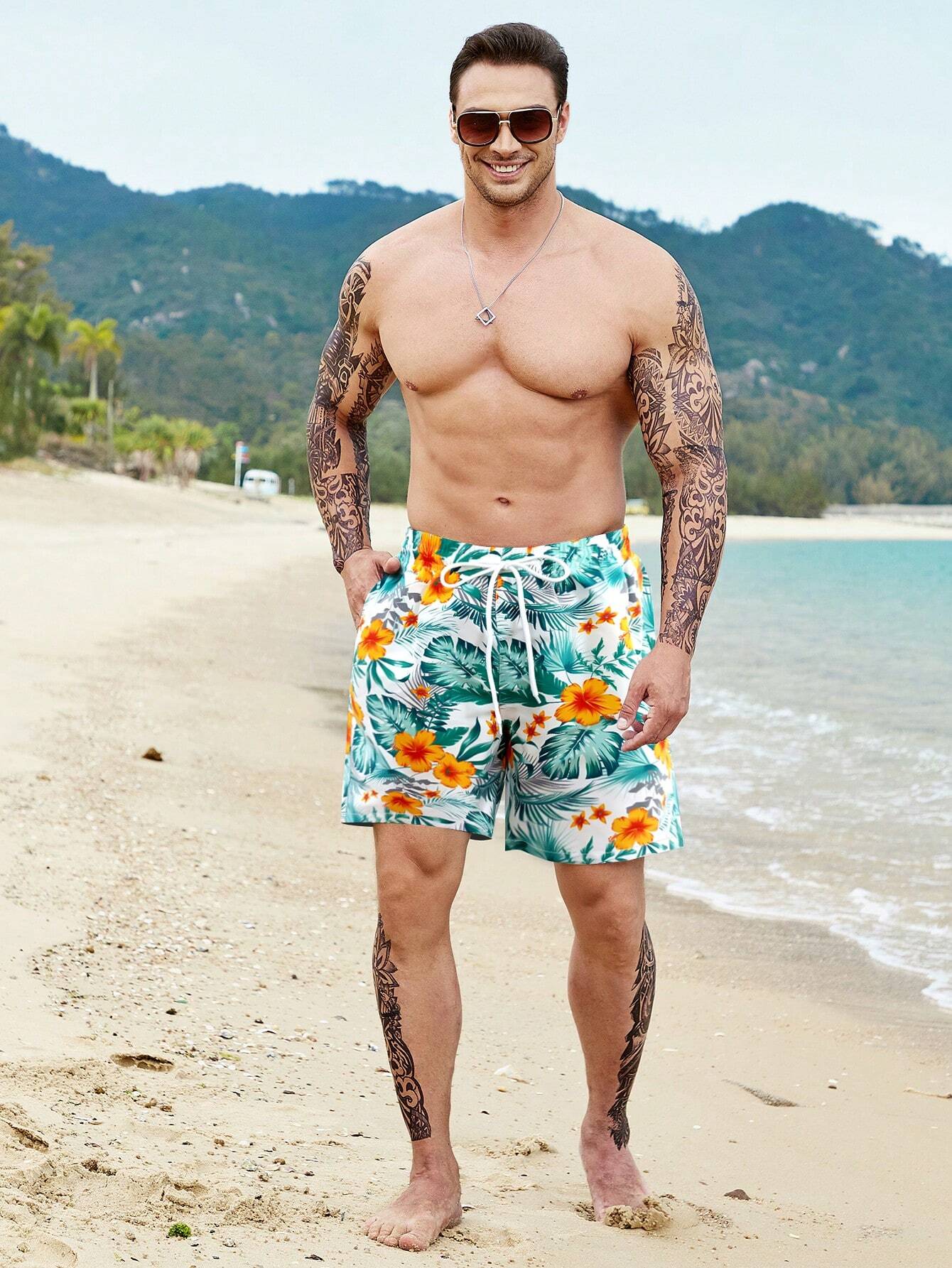 Tropical All Over Print Drawstring Pocket Shorts-Waves And Trunks