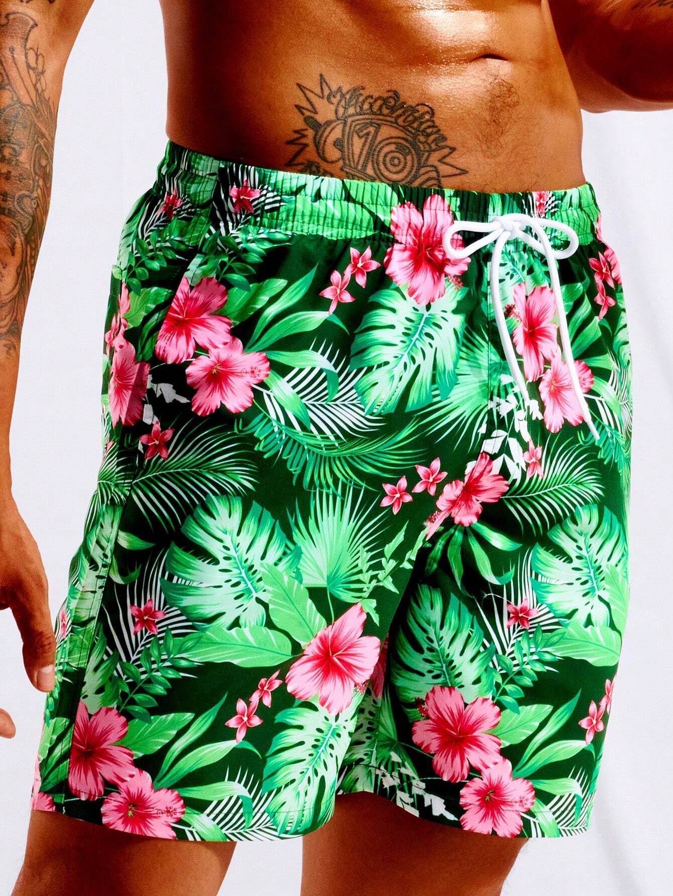 Tropical Print Swim Trunks With Pocket-Waves And Trunks