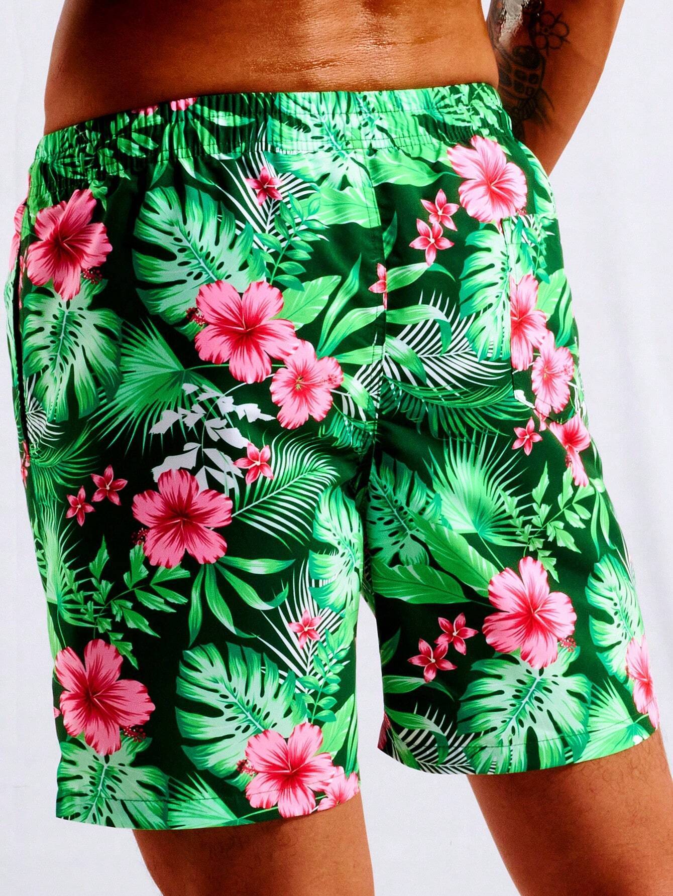 Tropical Print Swim Trunks With Pocket-Waves And Trunks
