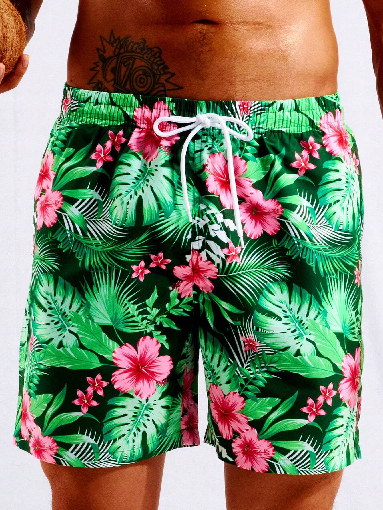 Tropical Print Swim Trunks With Pocket-Waves And Trunks