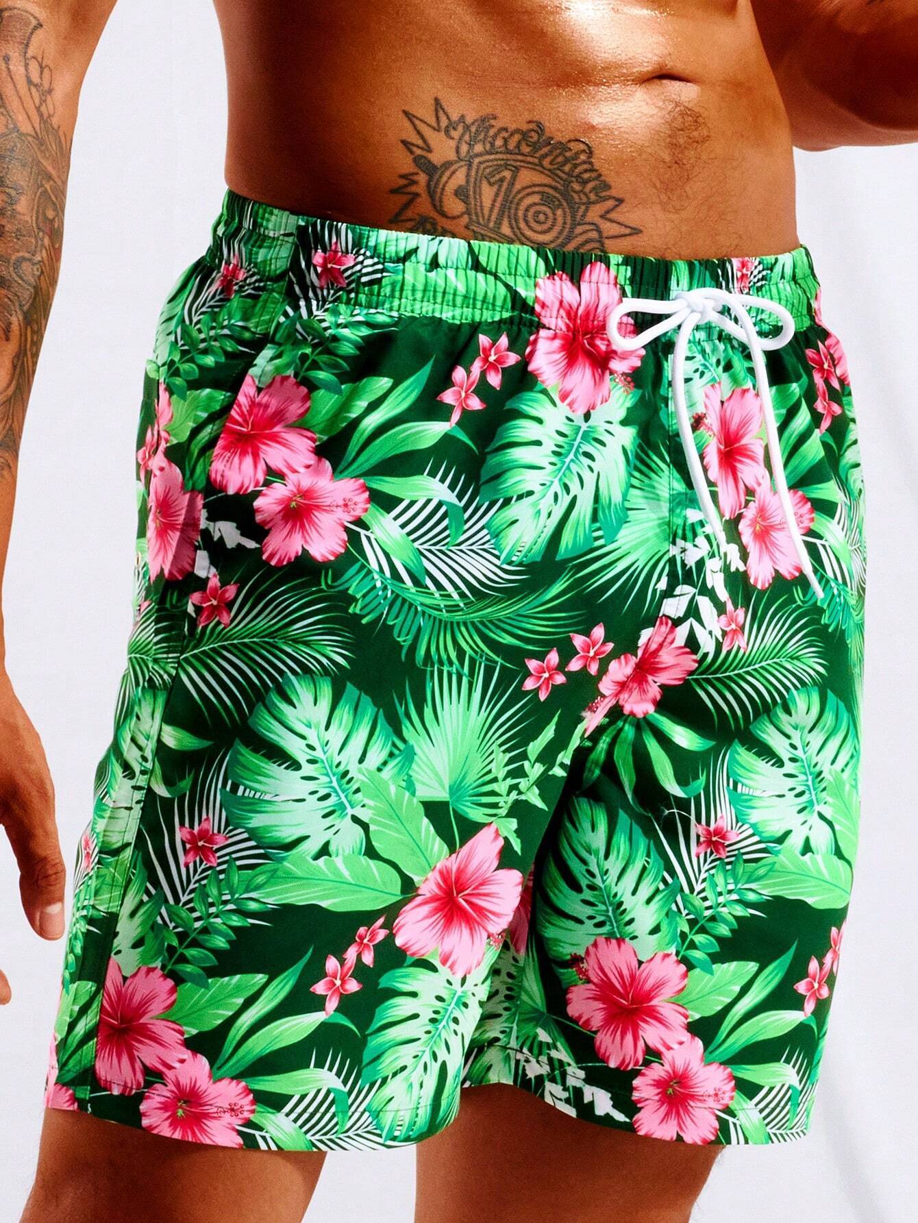 Tropical Print Swim Trunks With Pocket-Waves And Trunks